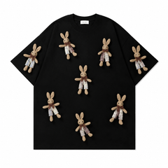A242 - Handmade 3D Bunny Appliqué Cotton T-Shirt – Soft Artistic Casual Wear