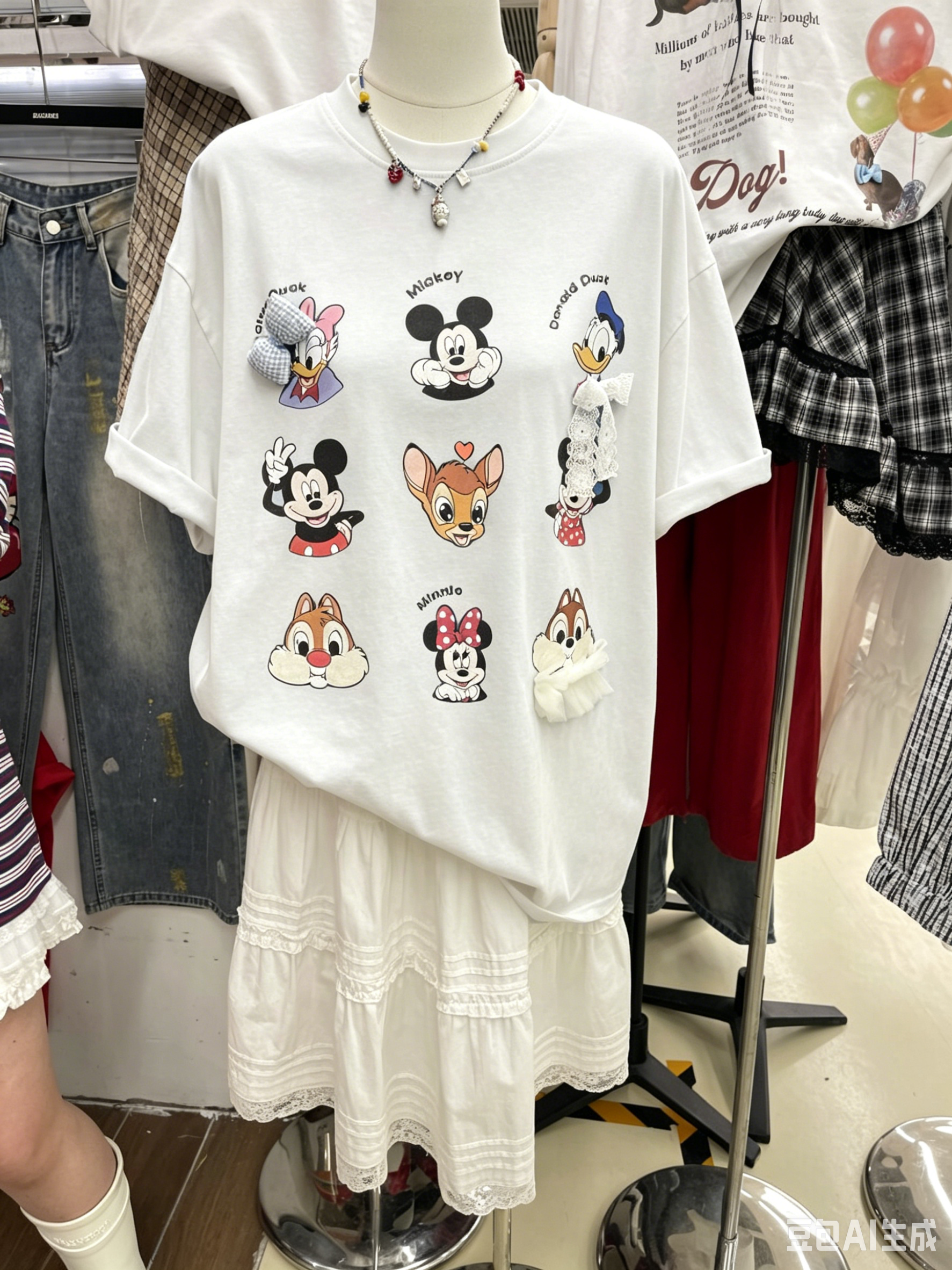 A249 - Mickey & Friends DIY 3D Bow Lace Graphic Oversized 100% Cotton T-Shirt 220g Heavy Tee