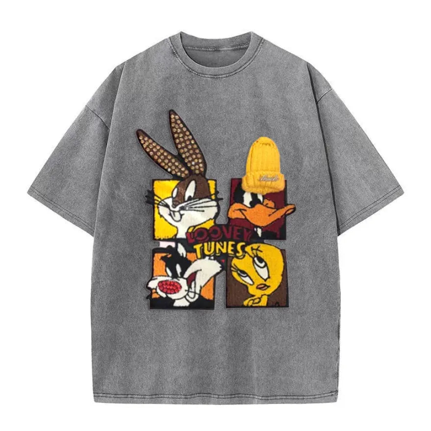VINESU Looney Tunes - Themed Washed - Out Pink T - shirt: Retro Cartoon Vibe