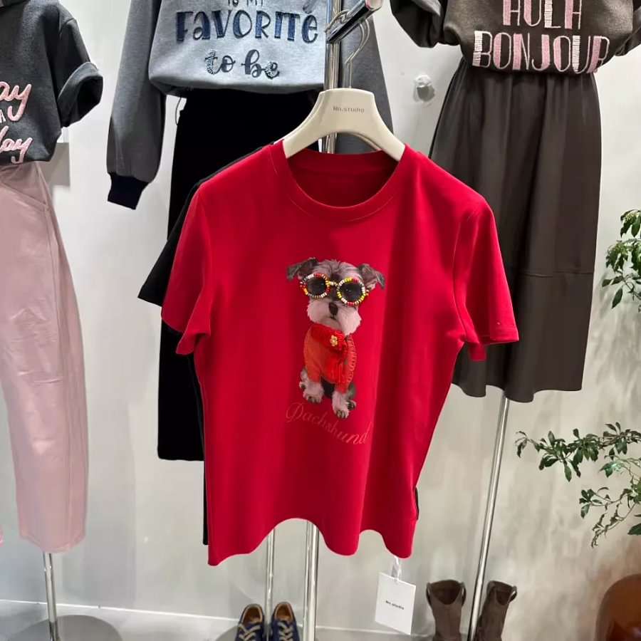 VINESU A50 220GSM Cotton Schnauzer Graphic Tee | Rhinestone Embellished Dog Print T-Shirt