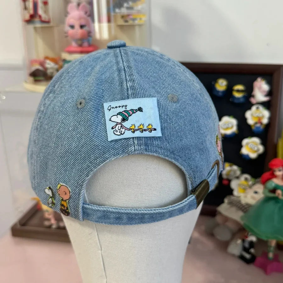 Vinesu H18 - Retro Snoopy Embroidered Baseball Cap - Vintage Washed Denim Comic Patch Hat, Aesthetic Peanuts Cartoon Dad Hat for Men & Women