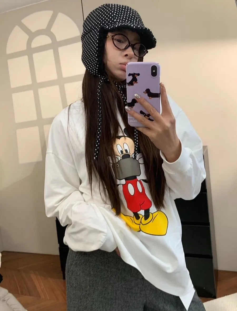 Vinesu A56 - Premium 100% Cotton Long Sleeve Graphic Tee - Cute Cartoon Mouse Print - Loose Fit Spring/Autumn Couple T-shirt in White
