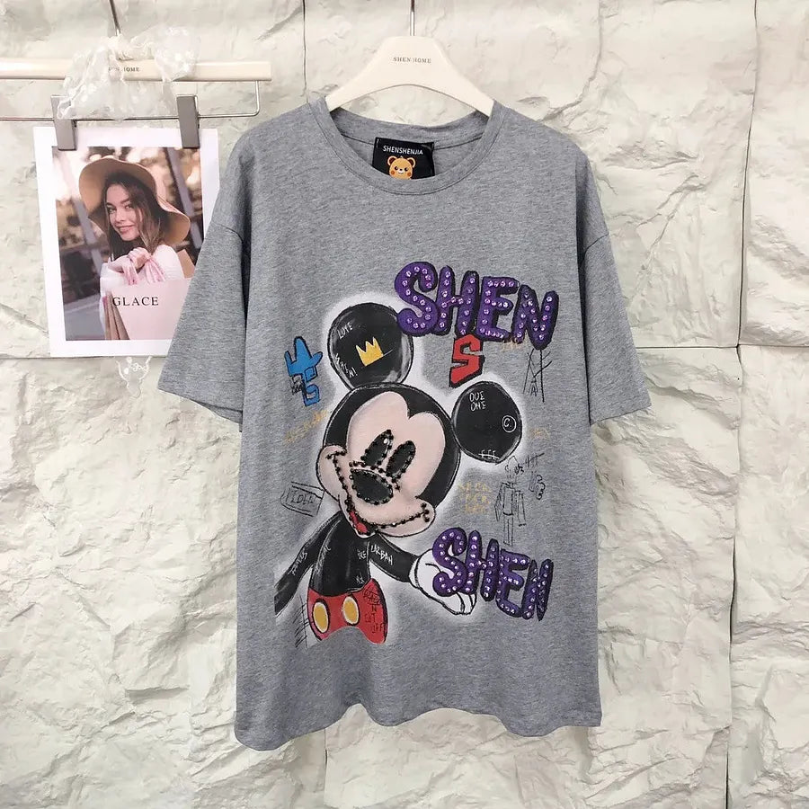 VINESU MKT07 - Oversized Graffiti Mouse T-Shirt for Women - 220g Breathable Cotton with Pearl & Rhinestone Embellishments (Sizes S-3XL)