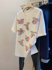 VINESU 3D Cute Flying Elephant Graphic Oversized Tee | Handmade Hat, Heart Necklace & Beaded Rhinestone Details