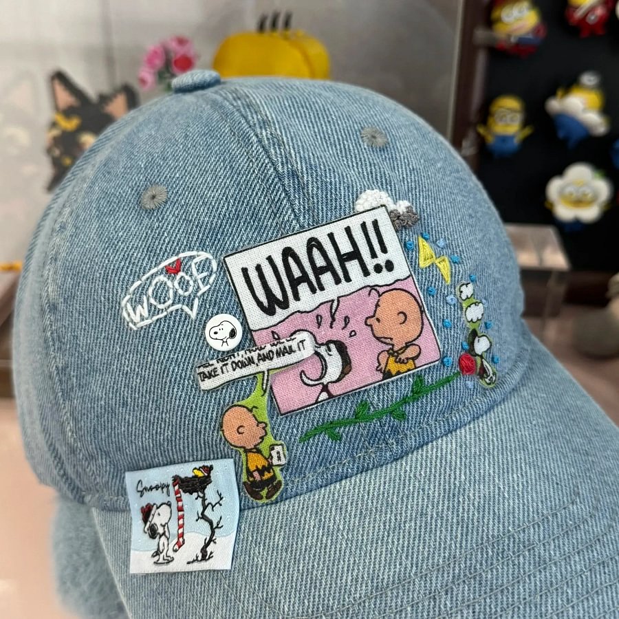 Vinesu H18 - Retro Snoopy Embroidered Baseball Cap - Vintage Washed Denim Comic Patch Hat, Aesthetic Peanuts Cartoon Dad Hat for Men & Women