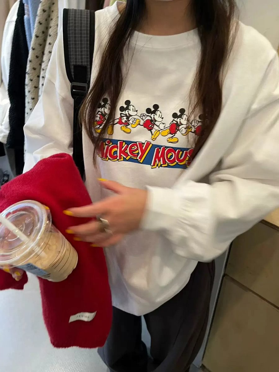 Vinesu A56 - Premium 100% Cotton Long Sleeve Graphic Tee - Cute Cartoon Mouse Print - Loose Fit Spring/Autumn Couple T-shirt in White