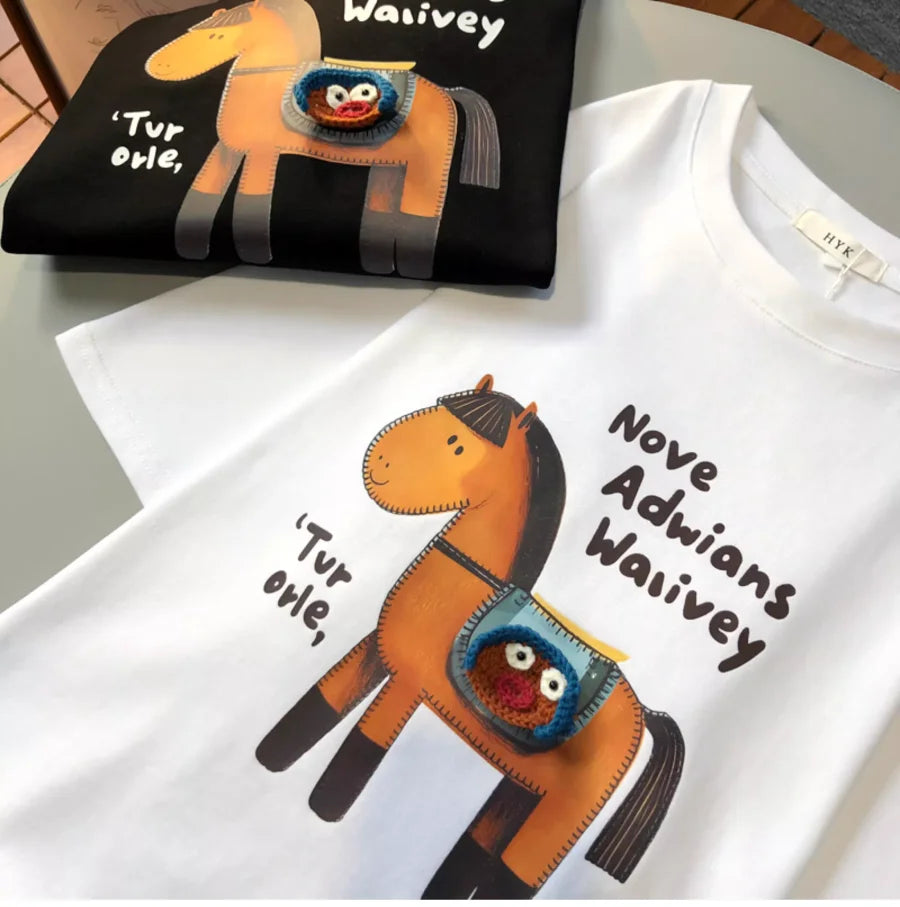 A110 - Artisan 3D Crochet Horse Graphic Tee - Hand-Knitted Detail & Premium Cotton, Boutique Style Embroidered Top