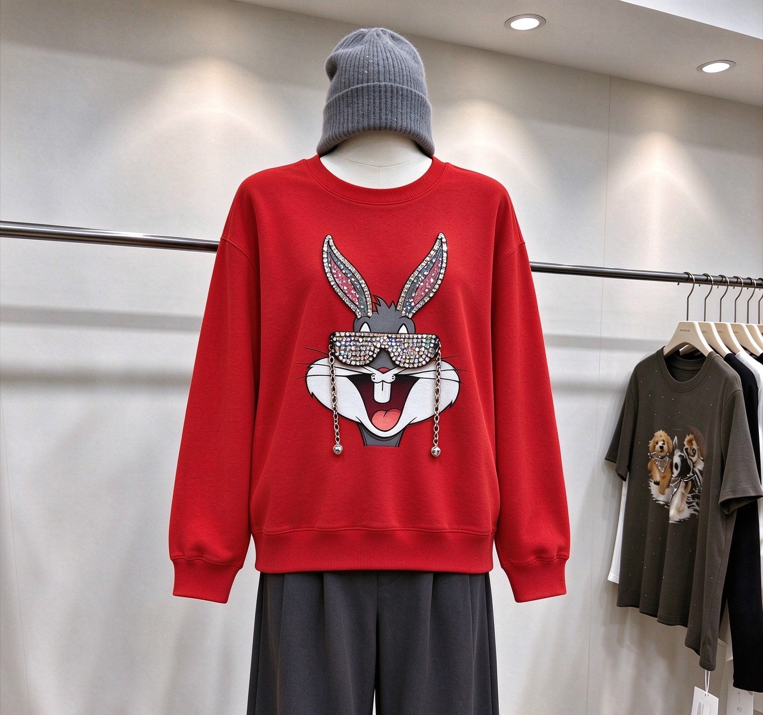 Rhinestone Bugsbunny Graphic Sweatshirt | 3D Chain & Beaded Sunglasses Crewneck