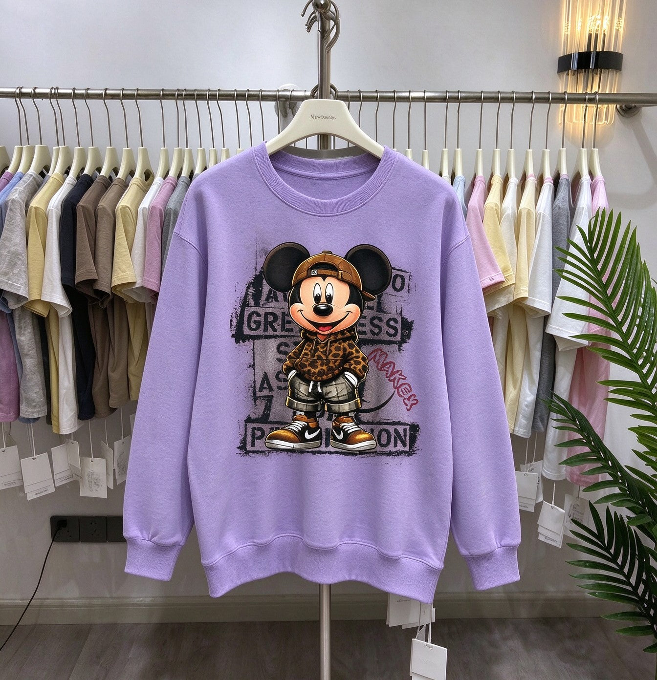 Leopard Street Mickey Graphic Cotton Sweatshirt | Casual Crewneck Pullover