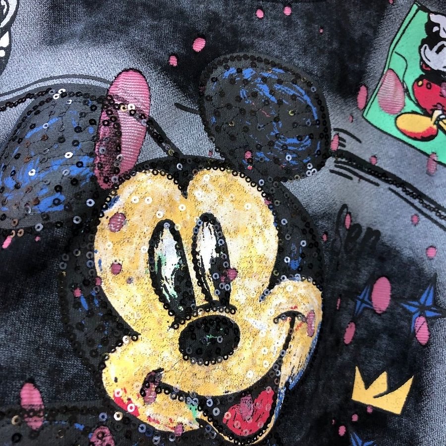 A163 - Mickey Mouse Sequin Cropped Tee - 320g Ultra-Heavyweight Premium Cotton - Boxy Fit Short Graphic T-Shirt