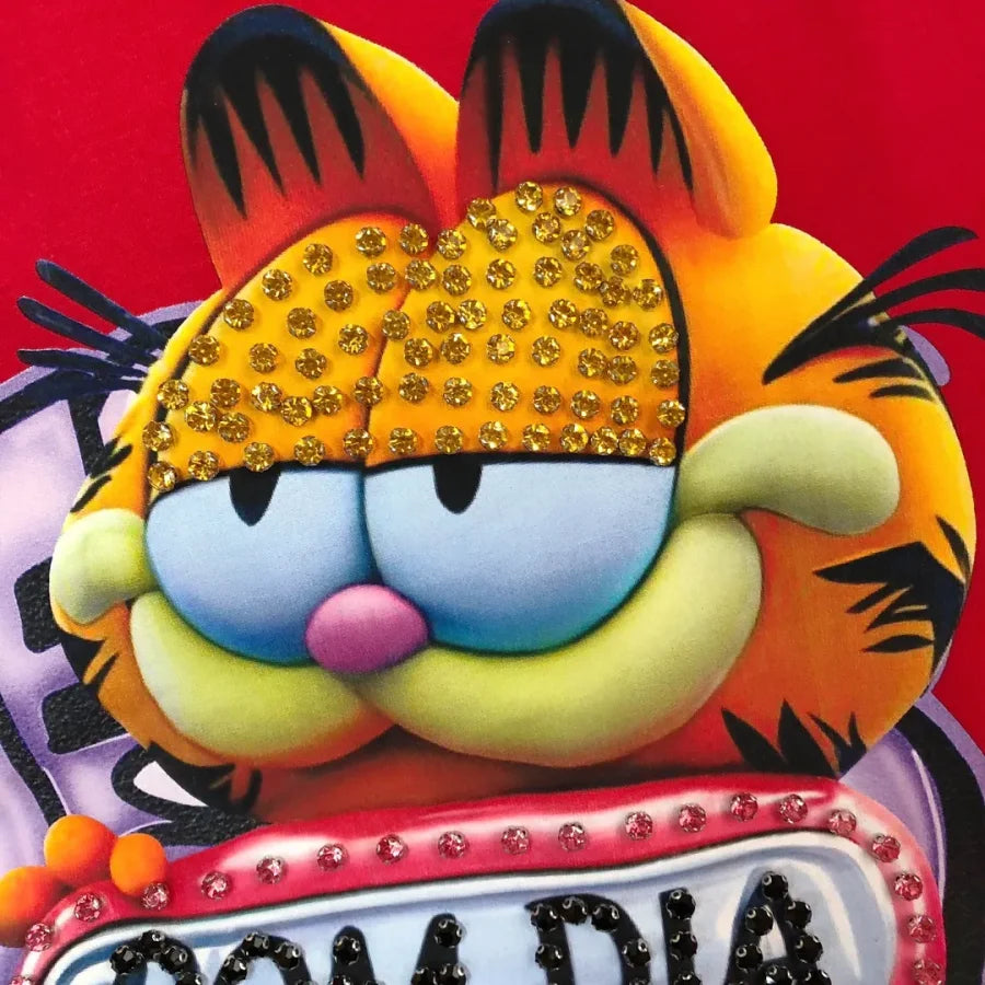 VINESU Rhinestone-Embellished Lazy Cat BOM DIA T-Shirt