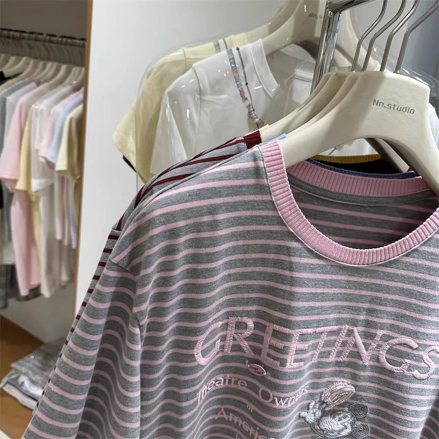A133 - 2026 Urban Retro Mickey Striped Tee | 300g Heavyweight Premium Cotton | Oversized Summer Essential