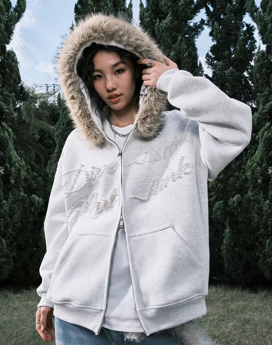 VINESU A34 - Oversized Fur Trim Rhinestone Letter Zip Up Hoodie, "Diversity" Graphic Streetwear Hoodie
