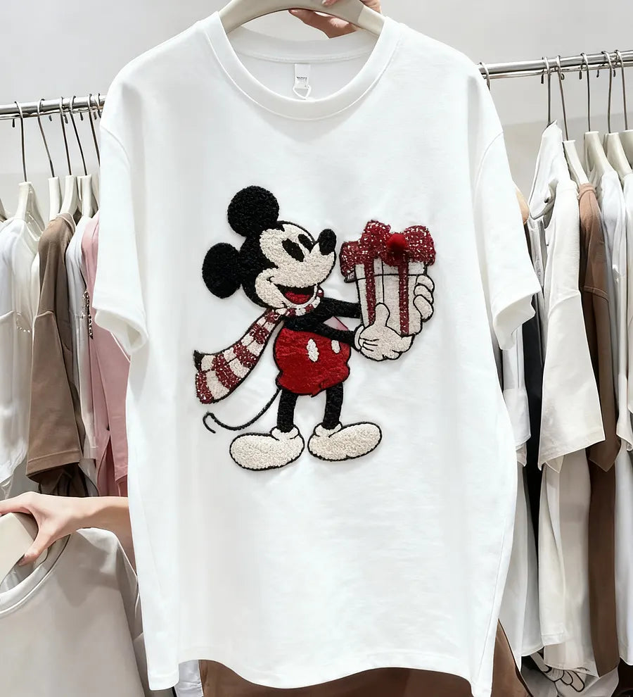 VINESU Christmas MK Mouse Textured Embroidered Red Short-Sleeve T-Shirt