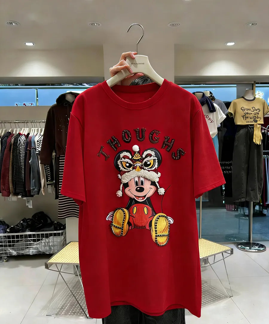 VINESU MKT10 - Lion Dance Festive T-Shirt with Crystal and Pearl Embellishments