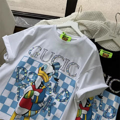 A99 - Luxury Sparkling Donald Duck Sequin Graphic T-Shirt - 220g Premium Breathable Cotton - Hand-Embellished Crystal Bead Embroidery