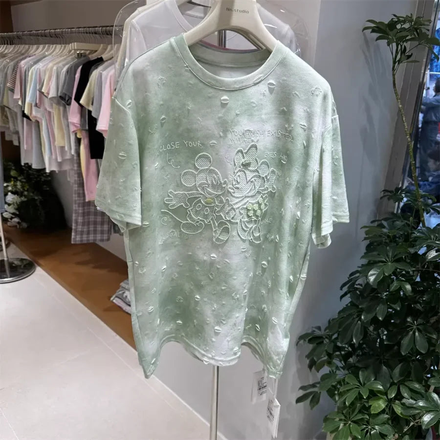 A139 - 2026 New Tie-Dye Cotton T-Shirt: Mickey Mouse Embroidery, Distressed Holes, and Hand-stitched Beadwork Flowers