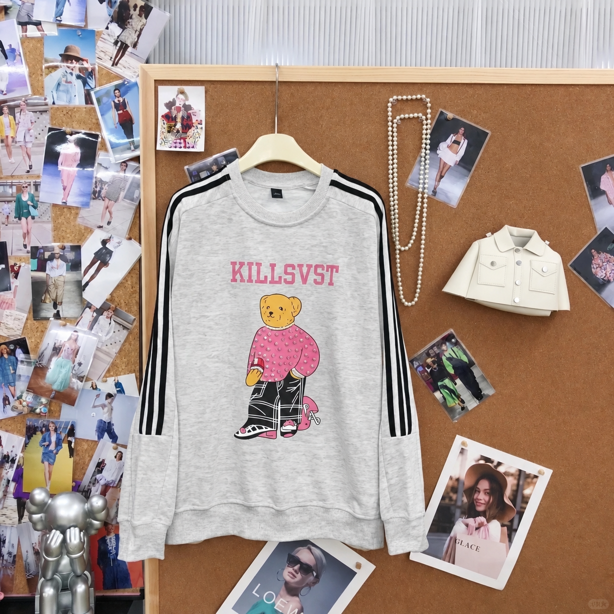 B08 - Pink Rhinestone Teddy Bear Stripe Sleeve Heavyweight Crewneck Sweatshirt