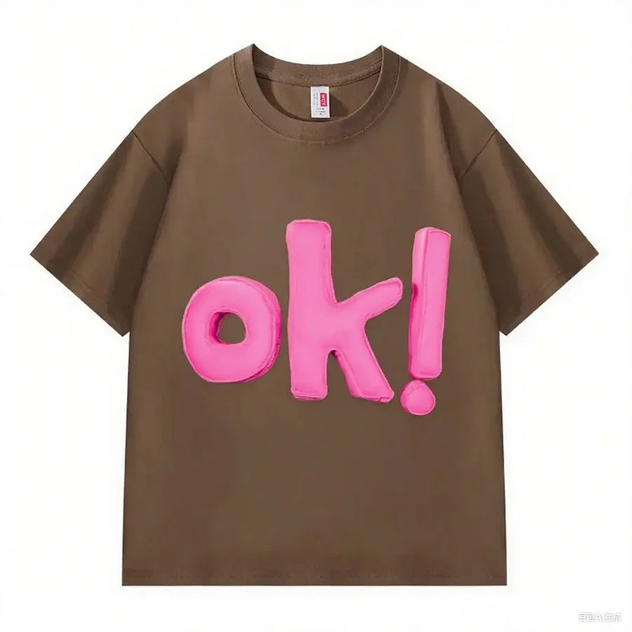 VINESU OK! Letter 3D - Decorated White T-shirts 💗 Unlock Casual Trendy Vibe-Pink