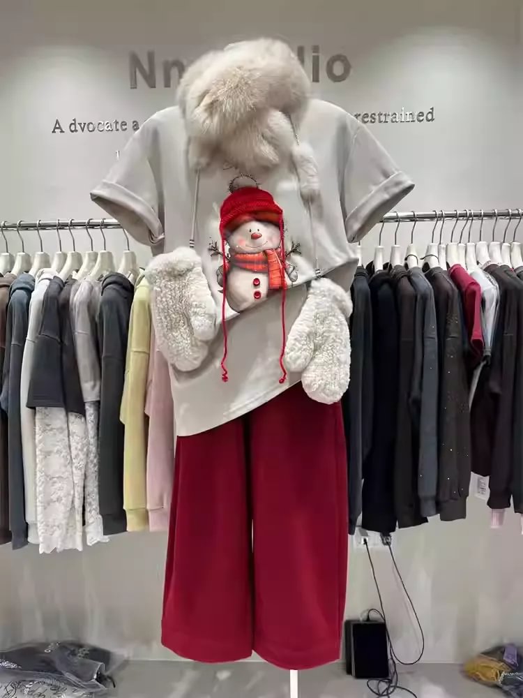 VINESU Christmas Limited Plush Collar T-Shirt ⛄ Snowman Print Festive Winter Top