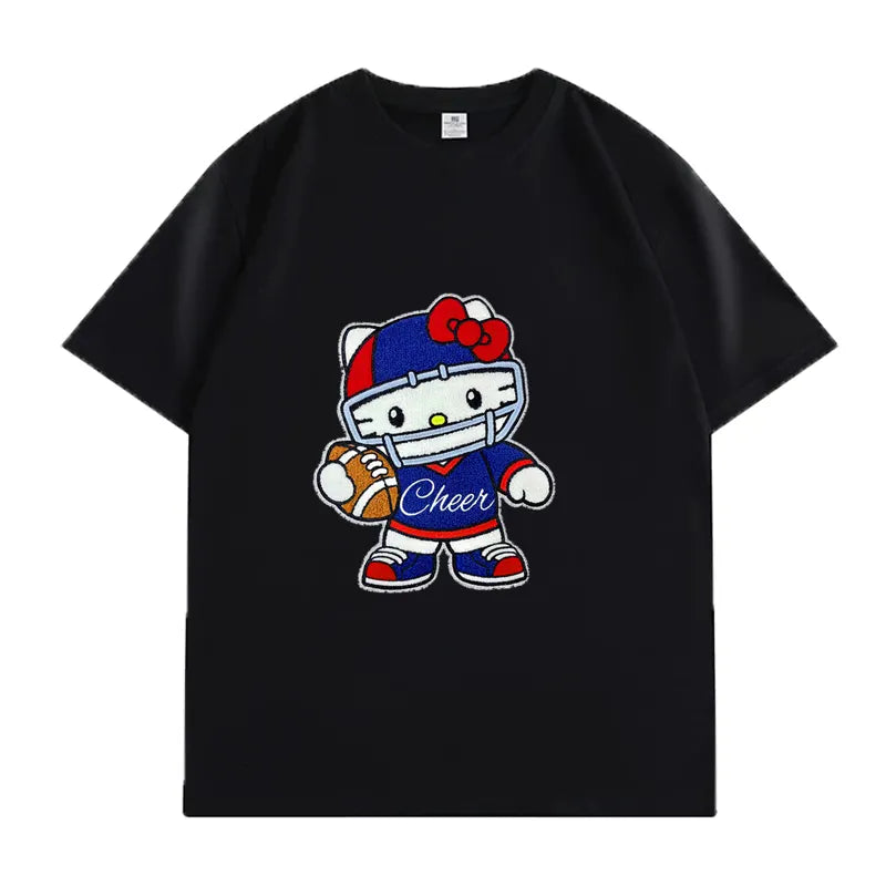 VINESU Sports Style Hello Kitty Football-Themed Textured Embroidered Short-Sleeve T-Shirt