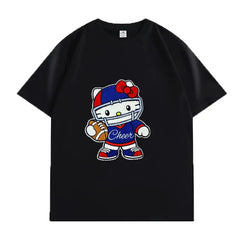 VINESU Sports Style Hello Kitty Football-Themed Textured Embroidered Short-Sleeve T-Shirt