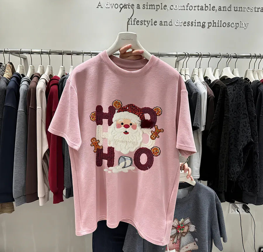VINESU Hand-Embedded Diamond Cotton Christmas T-Shirt - Creative "HO HO" Santa Print Tee