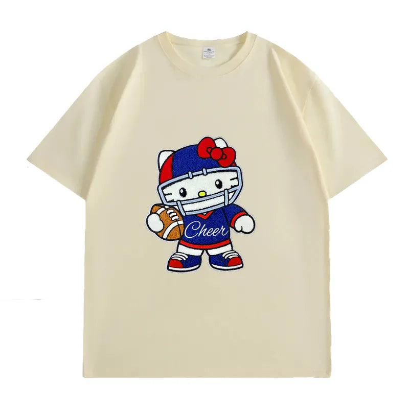 VINESU Sports Style Hello Kitty Football-Themed Textured Embroidered Short-Sleeve T-Shirt