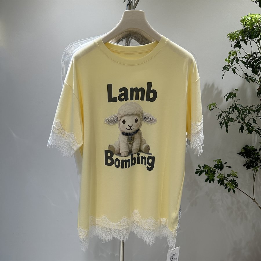 A171 - Artisanal Lace & Rhinestone Lamb Tee: 220g Breathable Premium Cotton