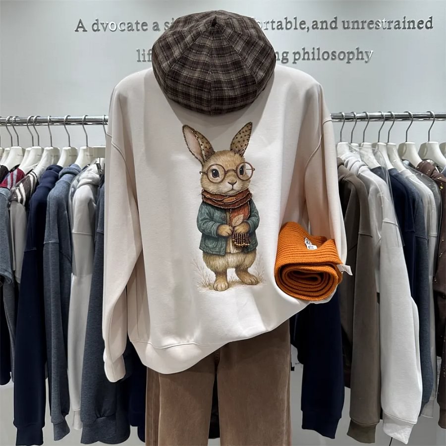VINESU Heavy-Duty Glasses Bunny Crewneck Sweatshirt - Trendy Casual Style