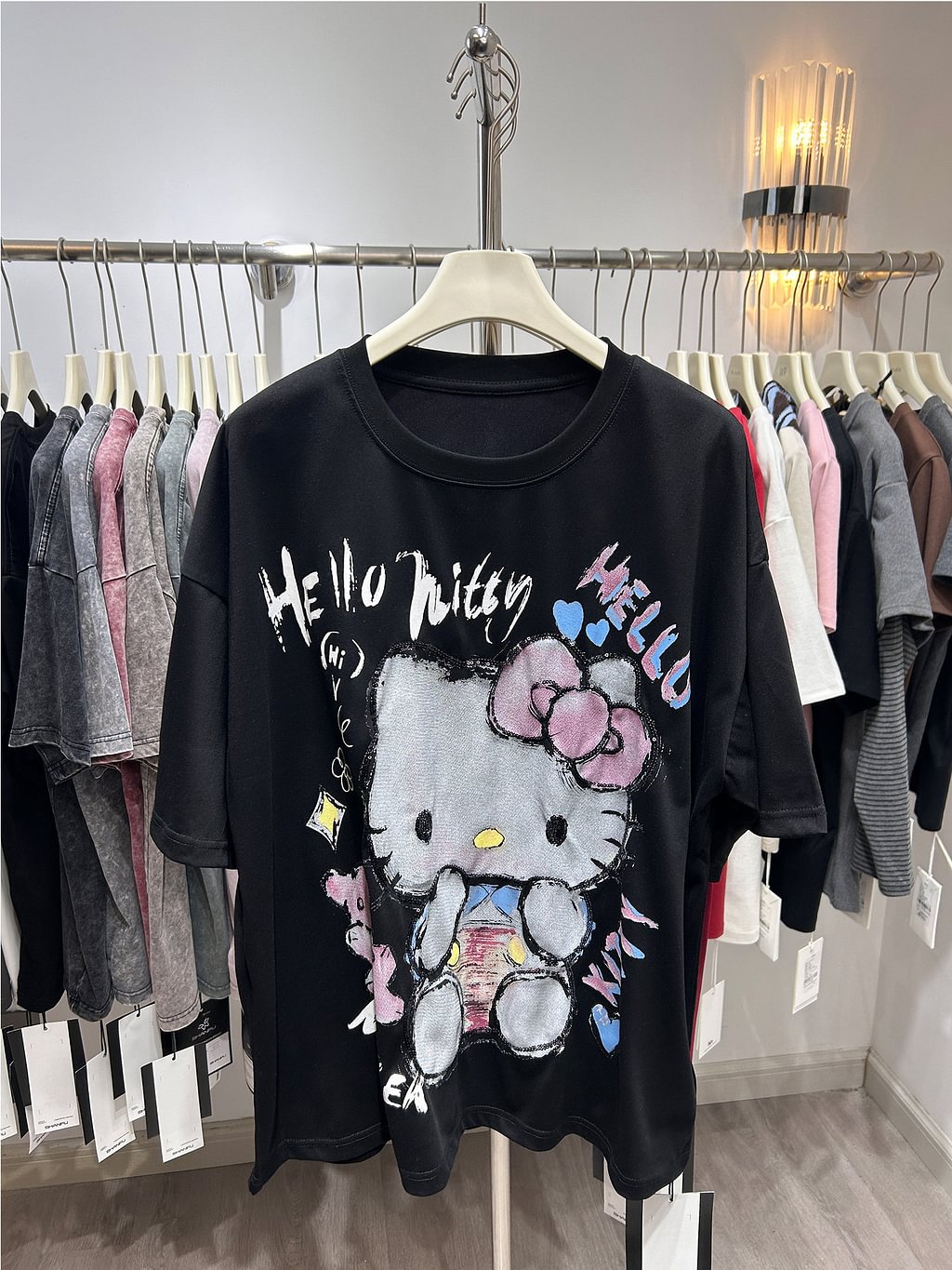 A167 - Hello Kitty Double-Sided Sequin Embroidered T-Shirt - 320g Ultra-Heavyweight Cotton - Oversized Slouchy Fit Luxury Tee