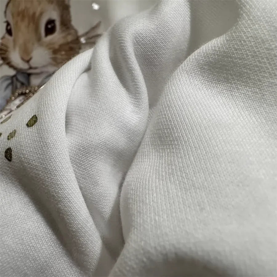 A136 - Oversized Rabbit Embroidery Tee - 220g Premium Cotton with Silver Bead Accents