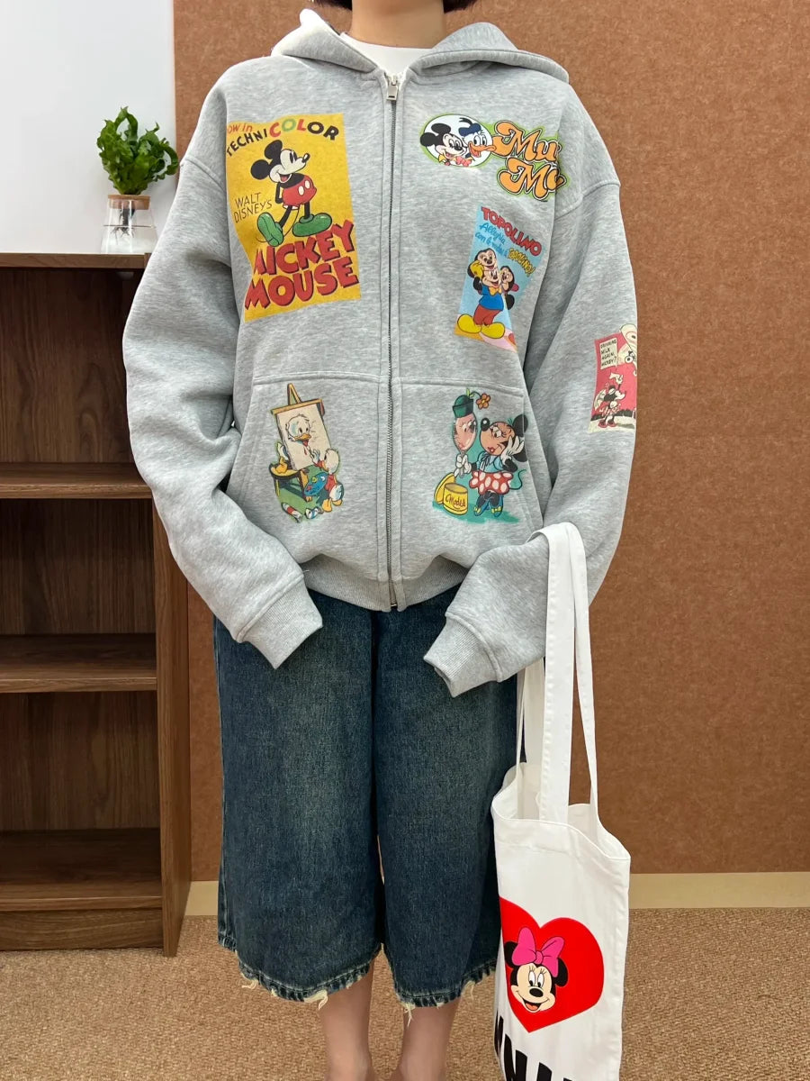 A75 - Vintage Disney Comic Print Distressed Zip-Up Hoodie | Loose Jacket