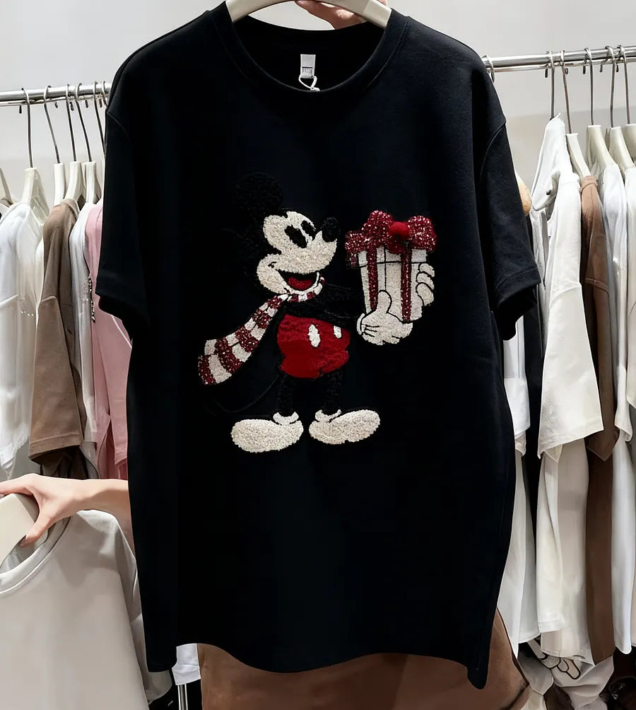 VINESU Christmas MK Mouse Textured Embroidered Red Short-Sleeve T-Shirt