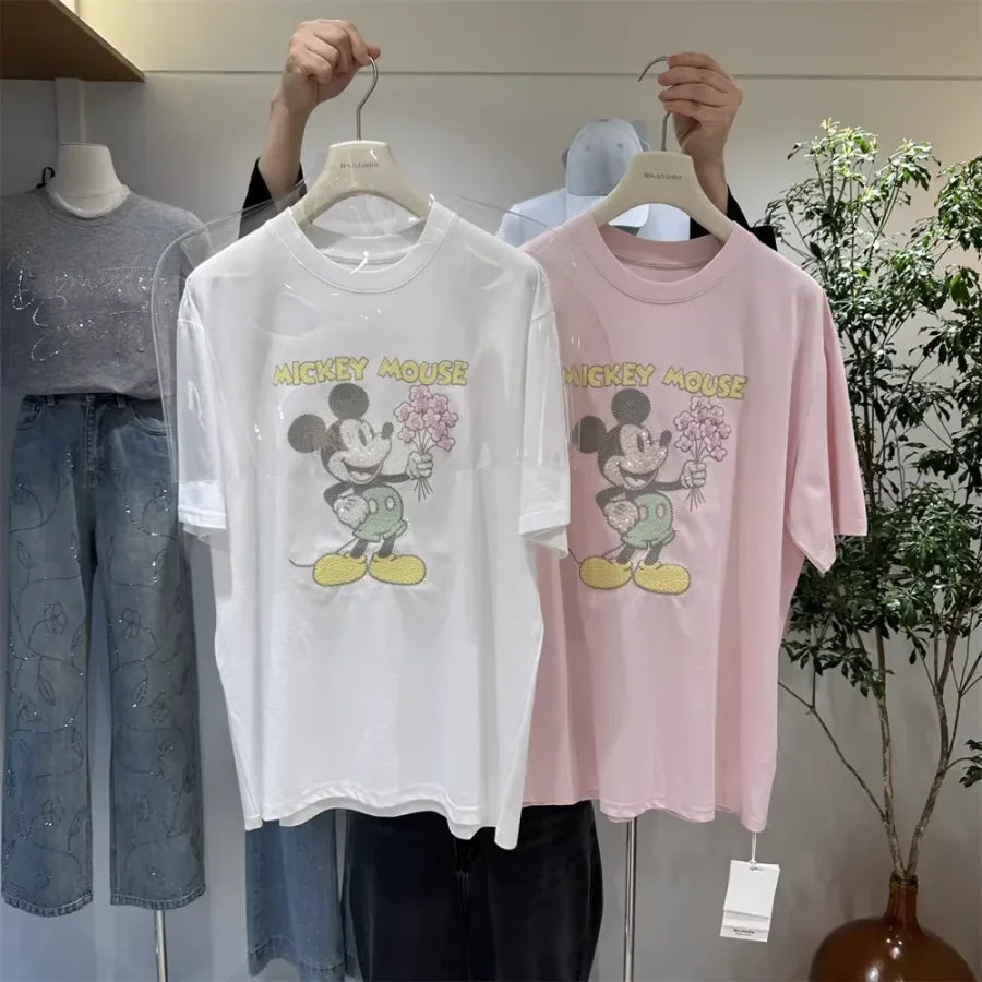 A138 - 2026 New Versatile Cotton Short Sleeve T-Shirt: Mickey Embroidery, Sequins, and 3D Flower Details