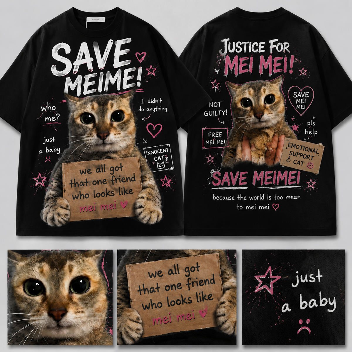 SaveMeiMei Funny Cat T-Shirt – Heavyweight Cotton Oversized Cat Meme Graphic Tee
