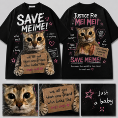 SaveMeiMei Funny Cat T-Shirt – Heavyweight Cotton Oversized Cat Meme Graphic Tee