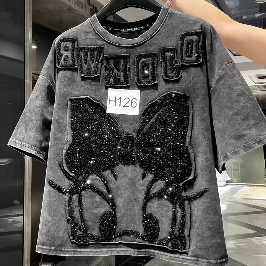 VINESU H125 🎀 H126 🔥2026 Trend: Daisy Washed Vintage Heavy-Detail Tee
