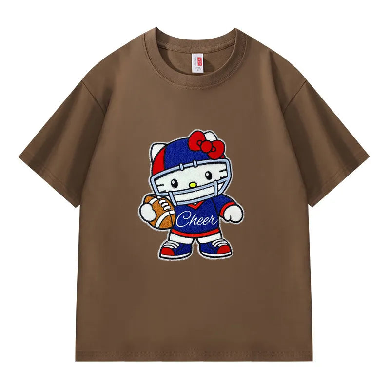 VINESU Sports Style Hello Kitty Football-Themed Textured Embroidered Short-Sleeve T-Shirt