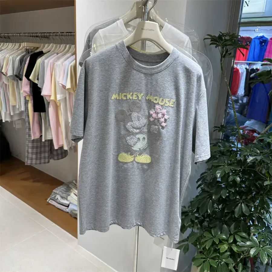 A138 - 2026 New Versatile Cotton Short Sleeve T-Shirt: Mickey Embroidery, Sequins, and 3D Flower Details