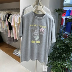 A138 - 2026 New Versatile Cotton Short Sleeve T-Shirt: Mickey Embroidery, Sequins, and 3D Flower Details