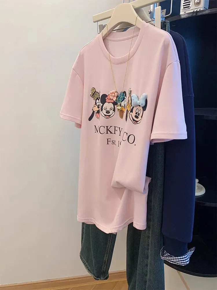VINESU Pink Crystal-Embellished T-Shirt with 3D Floral Appliqué