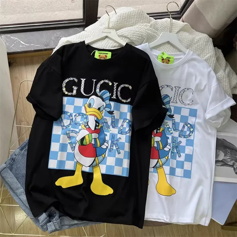 A99 - Luxury Sparkling Donald Duck Sequin Graphic T-Shirt - 220g Premium Breathable Cotton - Hand-Embellished Crystal Bead Embroidery