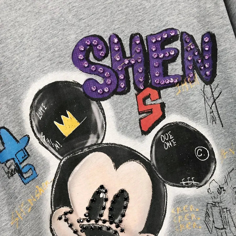 VINESU MKT07 - Oversized Graffiti Mouse T-Shirt for Women - 220g Breathable Cotton with Pearl & Rhinestone Embellishments (Sizes S-3XL)