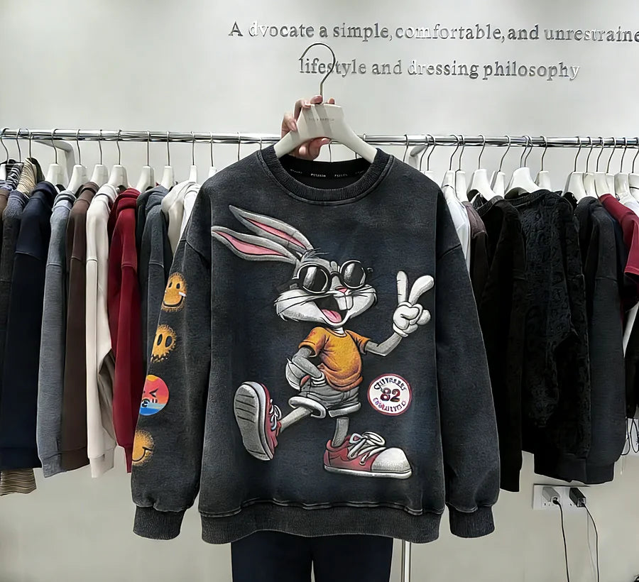 VINESU B01 - Vintage Washed Bunny Graphic Crewneck Sweatshirt