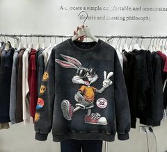VINESU B01 - Vintage Washed Bunny Graphic Crewneck Sweatshirt