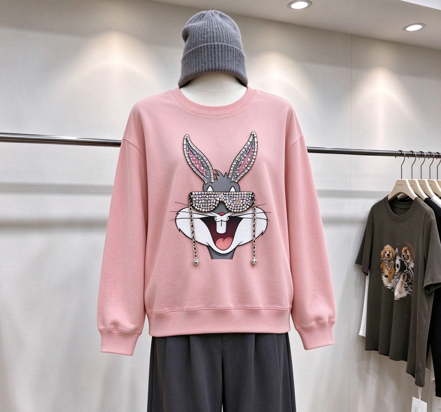 Rhinestone Bugsbunny Graphic Sweatshirt | 3D Chain & Beaded Sunglasses Crewneck
