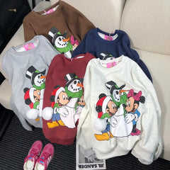 VINESU Christmas MK Cartoon Print Hand-Applied Beads Crewneck Sweatshirt