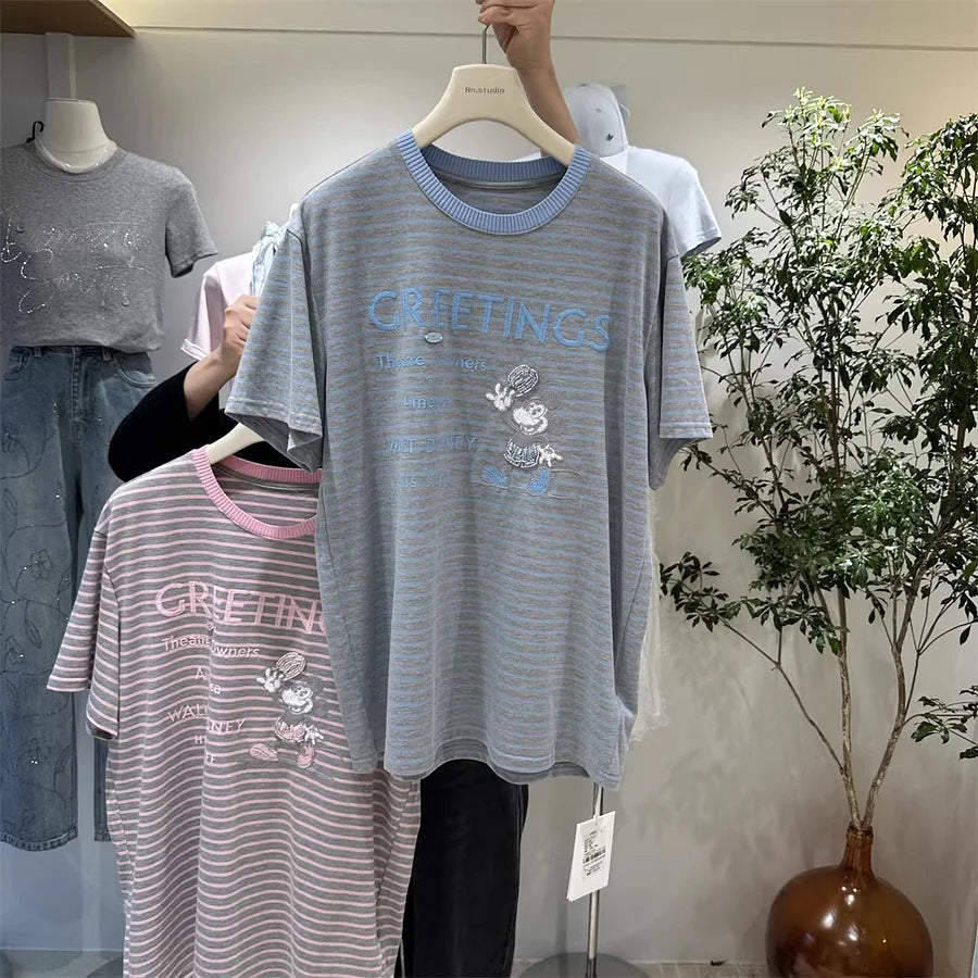 A133 - 2026 Urban Retro Mickey Striped Tee | 300g Heavyweight Premium Cotton | Oversized Summer Essential