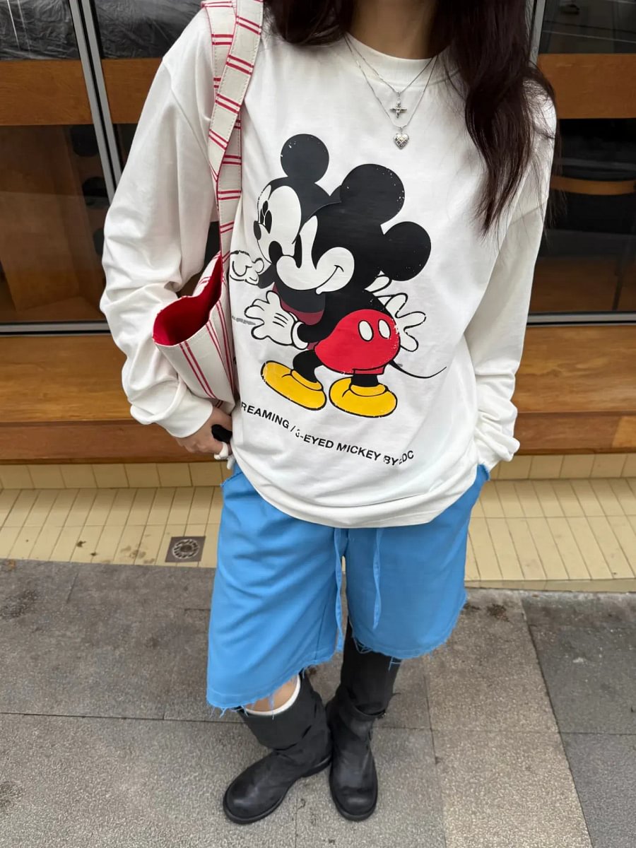 Vinesu A56 - Premium 100% Cotton Long Sleeve Graphic Tee - Cute Cartoon Mouse Print - Loose Fit Spring/Autumn Couple T-shirt in White